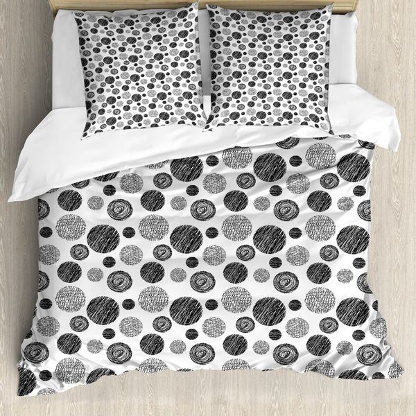 Abakuhaus Copripiumino Astratto, Circular Doodles Dots, Antiacaro, Adatto A Chi Soffre Di Allergie, Con Federe, 200 Cm X 200 Cm - 80 X 80 Cm, Bianco E Nero-image