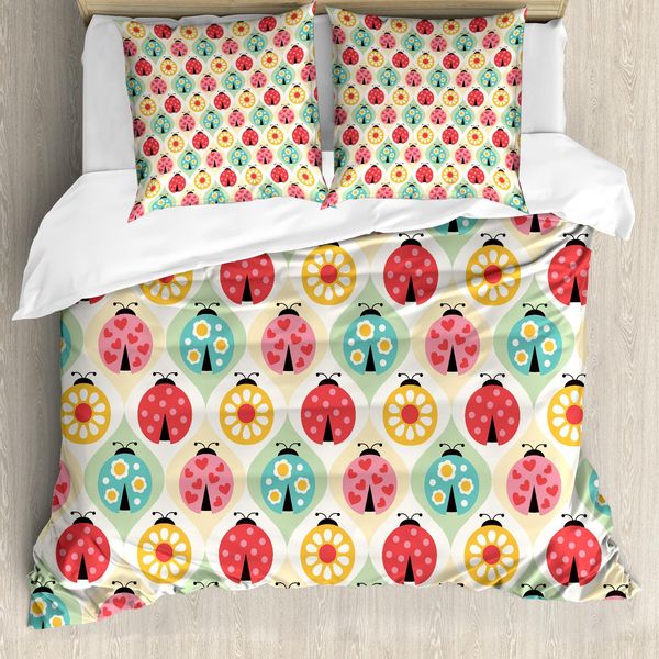 Abakuhaus Copripiumino Retrò, Coccinella Retrò Caricatura, Antiacaro, Adatto A Chi Soffre Di Allergie, Con Federe, 200 Cm X 200 Cm - 80 X 80 Cm, Multicolore-image