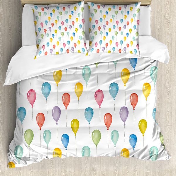 Abakuhaus Set Copripiumino Festivo Per Letti Matrimoniali, Palloncini Acquerellati Volanti, Antiacaro, Adatto A Chi Soffre Di Allergie, Con Federe, Multicolore-image