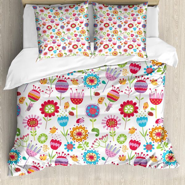 Abakuhaus Copripiumino Con Motivi Floreali, Giardino Floreale Giocoso, Antiacaro, Adatto A Chi Soffre Di Allergie, Con Federe, 155 Cm X 220 Cm - 80 X 80 Cm, Multicolore-image