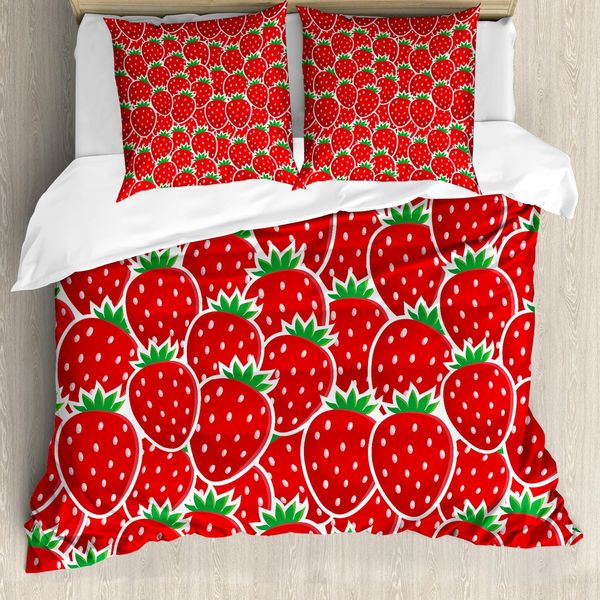 Abakuhaus Copripiumino Con Motivi Fruttati, Yummy Strawberry Botanik, Antiacaro, Adatto A Chi Soffre Di Allergie, Con Federe, 200 Cm X 200 Cm - 80 X 80 Cm, Rosso Verde Cacciatore-image