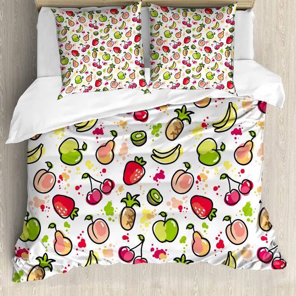 Abakuhaus Copripiumino Con Motivi Fruttati, Pera Acquerellata, Antiacaro, Adatto A Chi Soffre Di Allergie, Con Federe, 155 Cm X 220 Cm - 80 X 80 Cm, Pesca Lime Verde Rosso-image