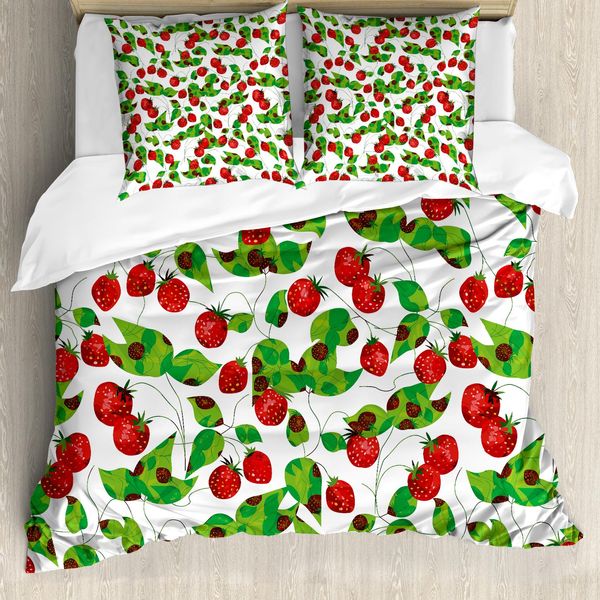 Abakuhaus Copripiumino Con Motivi Fruttati, Summer Vibes Joyful, Antiacaro, Adatto A Chi Soffre Di Allergie, Con Federe, 155 Cm X 220 Cm - 80 X 80 Cm, Rosso, Verde Felce, Bianco-image