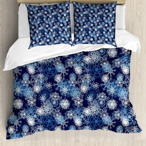Abakuhaus Copripiumino Invernale, Elaborato Motivo Natalizio Con Fiocchi Di Neve, Antiacaro, Adatto A Chi Soffre Di Allergie, Con Federe, 155 Cm X 220 Cm - 80 X 80 Cm, Azzurro Pallido Blu Scuro-image