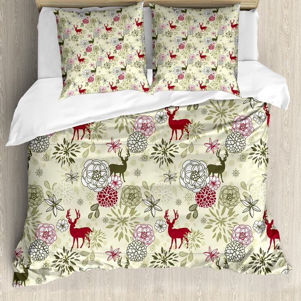 Abakuhaus Copripiumino Invernale, Deer Blumen Weihnachten, Antiacaro, Adatto A Chi Soffre Di Allergie, Con Federe, 155 Cm X 220 Cm - 80 X 80 Cm, Verde Oliva Verde Chiaro-image