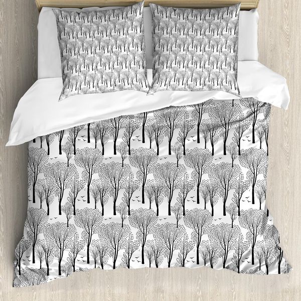 Abakuhaus Copripiumino Invernale, Uccelli Della Foresta Astratti, Antiacaro, Adatto A Chi Soffre Di Allergie, Con Federe, 155 Cm X 220 Cm - 80 X 80 Cm, Bianco E Nero-image