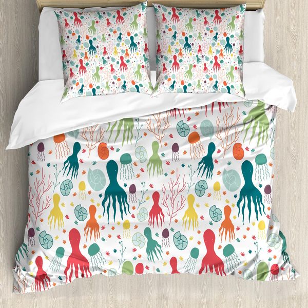 Abakuhaus Copripiumino Con Motivo Calamaro, Tema Animali Marini, Antiacaro, Adatto A Chi Soffre Di Allergie, Con Federe, 200 Cm X 200 Cm - 80 X 80 Cm, Multicolore-image