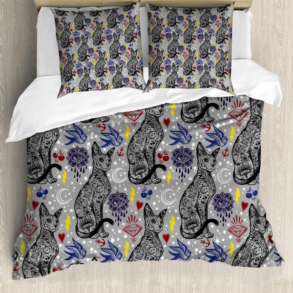 Abakuhaus Copripiumino Egiziano, Vintage Mystical Cat, Antiacaro, Adatto A Chi Soffre Di Allergie, Con Federe, 155 Cm X 220 Cm - 80 X 80 Cm, Multicolore-image