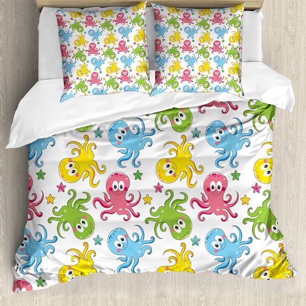 Abakuhaus Copripiumino Con Motivo Calamari, Allegri Animali Marini, Antiacaro, Adatto A Chi Soffre Di Allergie, Con Federe, 155 Cm X 220 Cm - 80 X 80 Cm, Multicolore-image