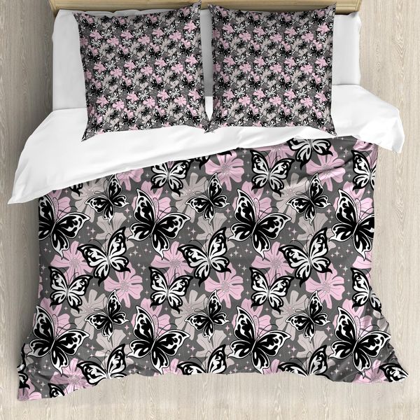 Abakuhaus Copripiumino Butterfly, Romantic Summer, Antiacaro, Adatto A Chi Soffre Di Allergie, Con Federe, 155 Cm X 220 Cm - 80 X 80 Cm, Tortora-Rosa-Nero-image