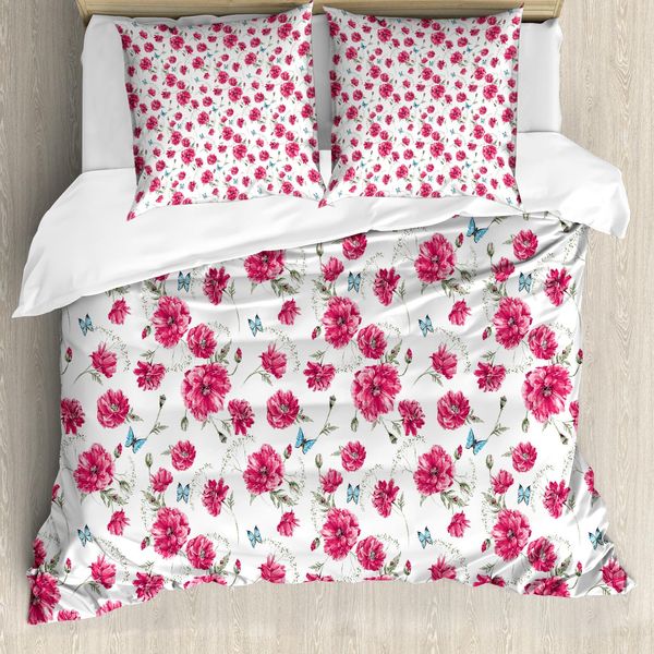 Abakuhaus Copripiumino Butterfly, Fiori Poppy Flora, Antiacaro, Adatto A Chi Soffre Di Allergie, Con Federe, 155 Cm X 220 Cm - 80 X 80 Cm, Rosa Reseda Verde Blu-image
