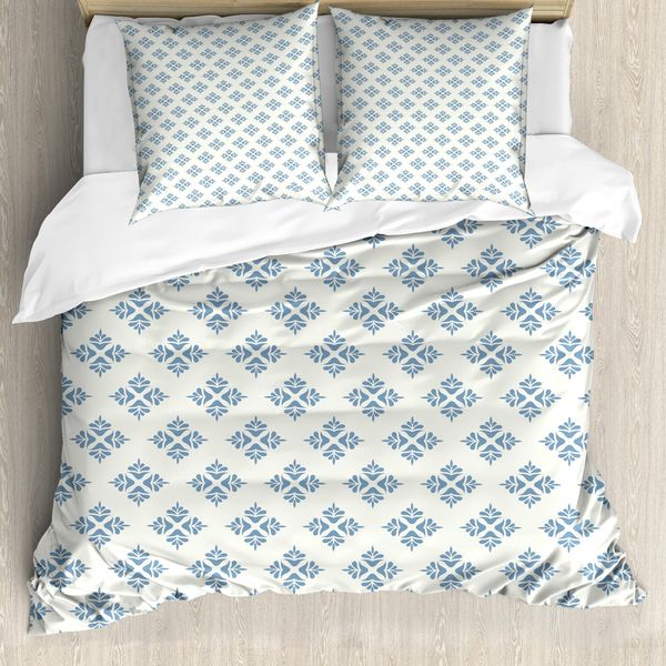 Abakuhaus Copripiumino Geometrico, Motivo Foglie, Antiacaro, Adatto A Chi Soffre Di Allergie, Con Federe, 200 Cm X 200 Cm - 80 X 80 Cm, Blu Ardesia-Crema-image