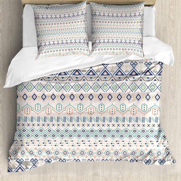 Abakuhaus Set Copripiumino Geometrico Per Letti Matrimoniali, Motivi Aztechi Quadrati, Antiacaro, Adatto A Chi Soffre Di Allergie, Con Federe, Blu Scuro Pesca-image