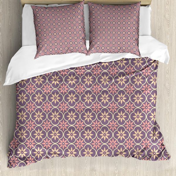 Abakuhaus Copripiumino Geometrico, Motivi Floreali Orientali, Antiacaro, Adatto A Chi Soffre Di Allergie, Con Federe, 200 Cm X 200 Cm - 80 X 80 Cm, Arancione Pallido, Malva, Corallo-image