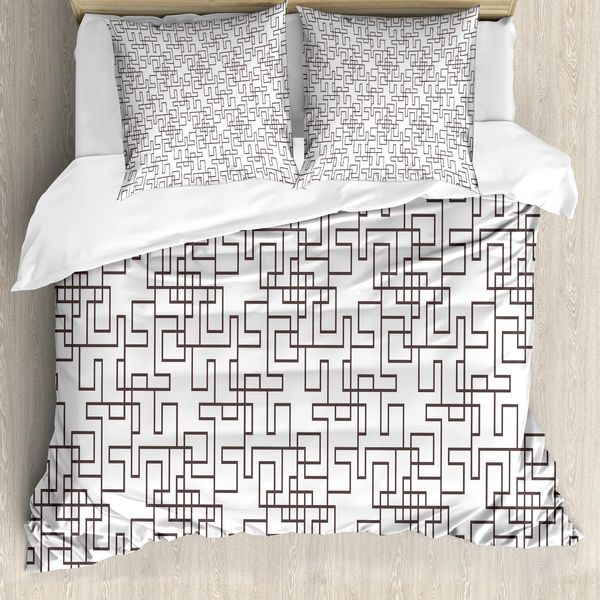 Abakuhaus Set Copripiumino Geometrico Per Letti Matrimoniali, Motivo A Griglia Astratto Moderno, Antiacaro, Adatto A Chi Soffre Di Allergie, Con Federe, Bianco E Marrone Umbra-image