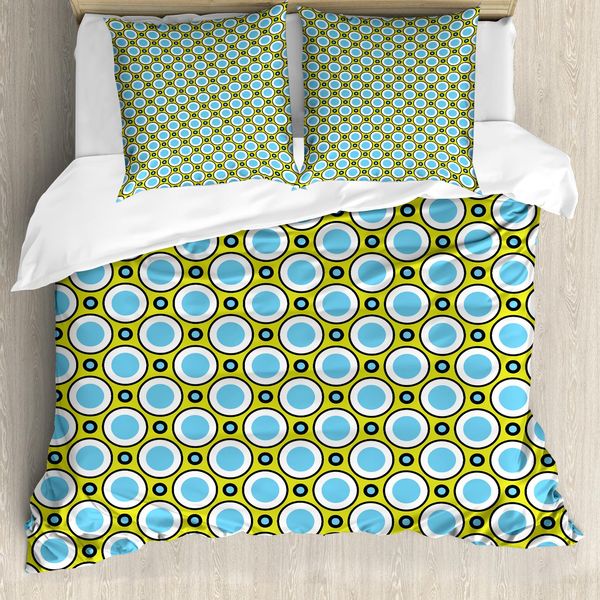 Abakuhaus Copripiumino Geometrico, Cerchi E Pois Retrò, Antiacaro E Anallergico, Con Federe, 200 Cm X 200 Cm - 80 X 80 Cm, Giallo Verde Blu Nero-image