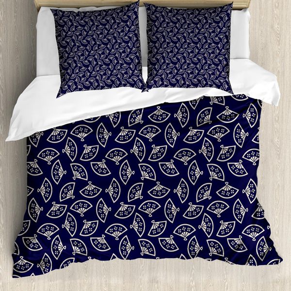 Abakuhaus Copripiumino Geometrico, Motivo A Ventaglio, Antiacaro, Adatto A Chi Soffre Di Allergie, Con Federe, 200 Cm X 200 Cm - 80 X 80 Cm, Blu Scuro Crema-image
