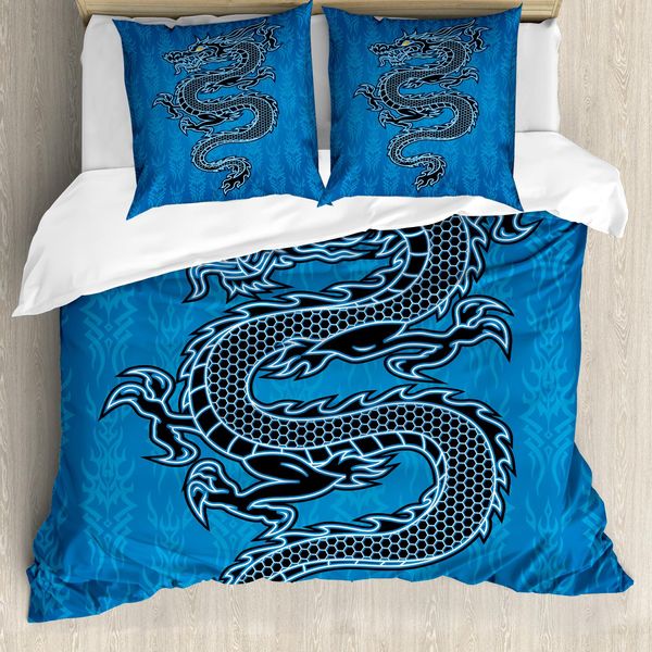 Abakuhaus Copripiumino Giapponese Con Motivo Drago, Anno Del Drago, Antiacaro, Adatto A Chi Soffre Di Allergie, Con Federe, 155 Cm X 220 Cm - 80 X 80 Cm, Blu, Nero, Bianco-image