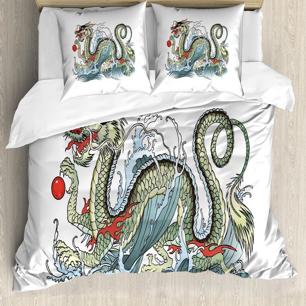 Abakuhaus Set Copripiumino Per Letti Matrimoniali, Creatura Orientale, Antiacaro Adatto A Chi Soffre Di Allergie Con Federe, Verde Chiaro Rosso Cinabro-image