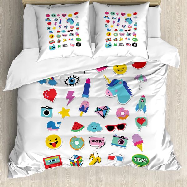 Abakuhaus Copripiumino Emoticon, Pop Culture Elements, Antiacaro, Adatto A Chi Soffre Di Allergie, Con Federe, 200 Cm X 200 Cm - 80 X 80 Cm, Multicolore-image