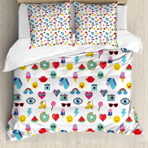Abakuhaus Copripiumino Con Emoticon, Stile Pop Art Anguria, Antiacaro, Adatto A Chi Soffre Di Allergie, Con Federe, 155 Cm X 220 Cm - 80 X 80 Cm, Multicolore-image