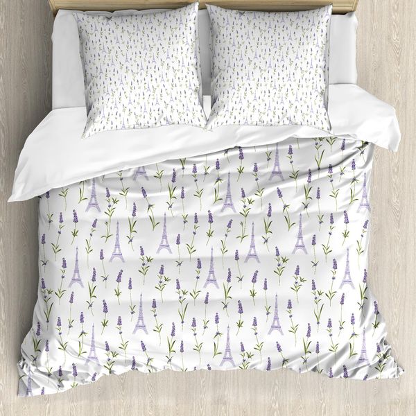 Abakuhaus Copripiumino Eiffel, Lavanda-Flora Primavera, Antiacaro, Adatto A Chi Soffre Di Allergie, Con Federe, 200 Cm X 200 Cm - 80 X 80 Cm, Lavanda, Verde, Bianco-image