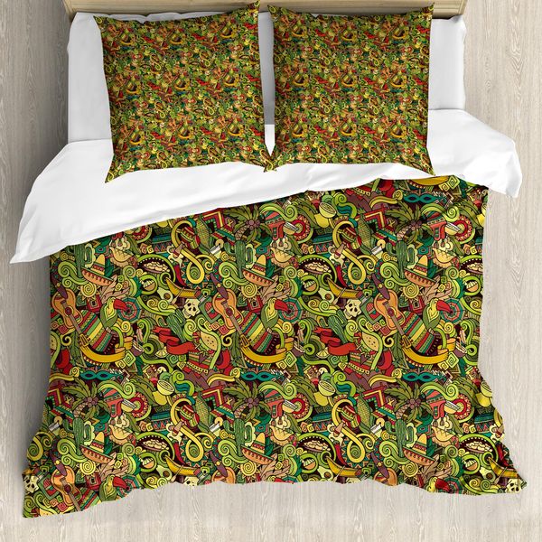 Abakuhaus Set Copripiumino Messicano Per Letti Matrimoniali, Disegni Culturali Caricaturali, Antiacaro, Adatto A Chi Soffre Di Allergie, Con Federe, Multicolore-image