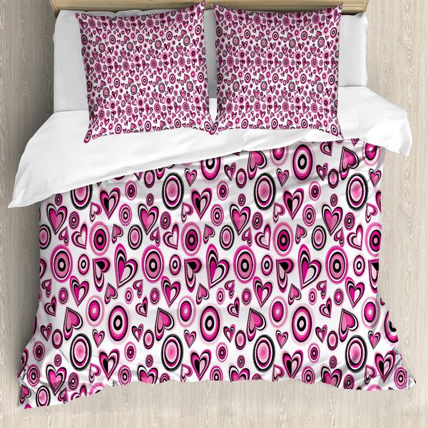 Abakuhaus Copripiumino Love, Cuori E Cerchi Rosa, Antiacaro, Adatto A Chi Soffre Di Allergie, Con Federe, 155 Cm X 220 Cm - 80 X 80 Cm, Rosa-Nero-Bianco-image