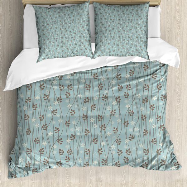 Abakuhaus Set Copripiumino Vintage Per Letti Matrimoniali, Giardino Fiorito Rustico, Antiacaro, Adatto A Chi Soffre Di Allergie, Con Federe, Azzurro, Marrone Umbra, Crema-image