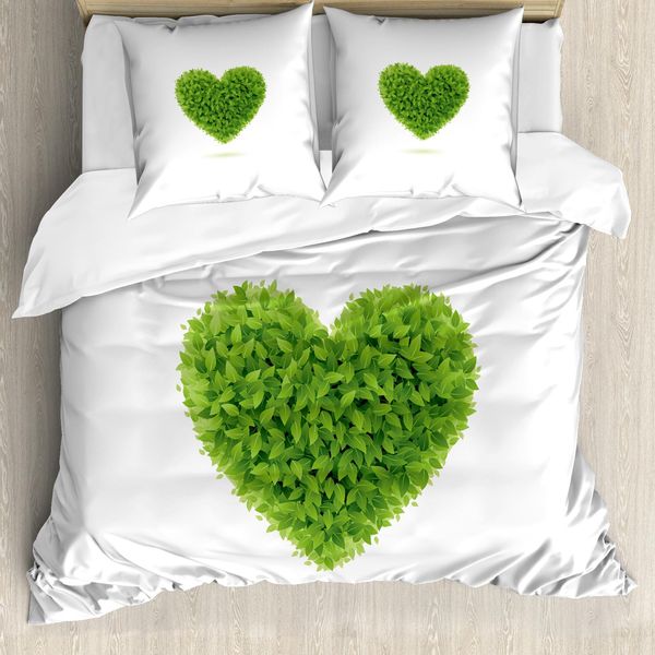 Abakuhaus Copripiumino Verde, Cuore Con Foglie Fresche, Antiacaro, Adatto A Chi Soffre Di Allergie, Con Federe, 155 Cm X 220 Cm - 80 X 80 Cm, Verde Felce Bianco-image