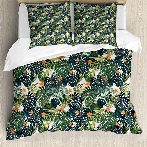 Abakuhaus Copripiumino Verde, Flora Tropicale Hawaiana, Antiacaro, Adatto A Chi Soffre Di Allergie, Con Federe, 200 Cm X 200 Cm - 80 X 80 Cm, Verde Scuro, Verde Acqua, Arancione-image