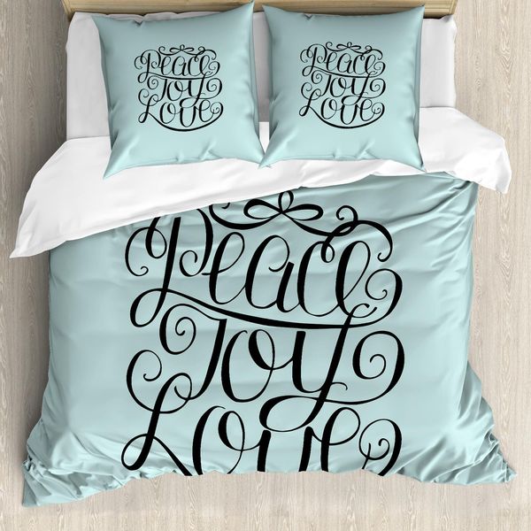 Abakuhaus Joy Copripiumino, Scritta Peace Love Joy, Antiacaro, Adatto A Chi Soffre Di Allergie, Con Federe, 200 Cm X 200 Cm - 80 X 80 Cm, Turchese E Nero-image