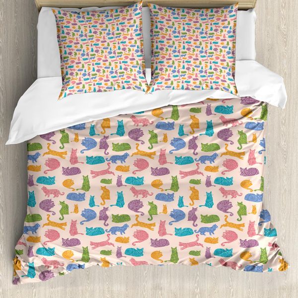 Abakuhaus Copripiumino Gatto, Motivo Animali, Antiacaro, Adatto A Chi Soffre Di Allergie, Con Federe, 200 Cm X 200 Cm - 80 X 80 Cm, Multicolore-image