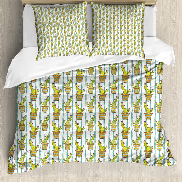 Abakuhaus Copripiumino Cactus, Linee Verticali Fiori, Antiacaro Adatto A Chi Soffre Di Allergie Con Federe, 200 Cm X 200 Cm - 80 X 80 Cm, Verde Arancione Menta-image
