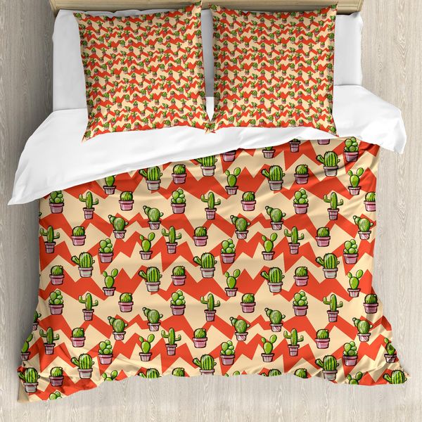 Abakuhaus Copripiumino Cactus, Sfondo A Zig Zag Con Piante, Antiacaro, Adatto A Chi Soffre Di Allergie, Con Federe, 155 Cm X 220 Cm - 80 X 80 Cm, Multicolore-image