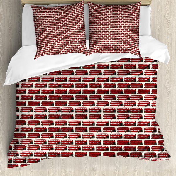 Abakuhaus London Copripiumino, Cartoon Double Decker, Antiacaro, Adatto A Chi Soffre Di Allergie, Con Federe, 200 Cm X 200 Cm - 80 X 80 Cm, Rosso Grigio Crema-image