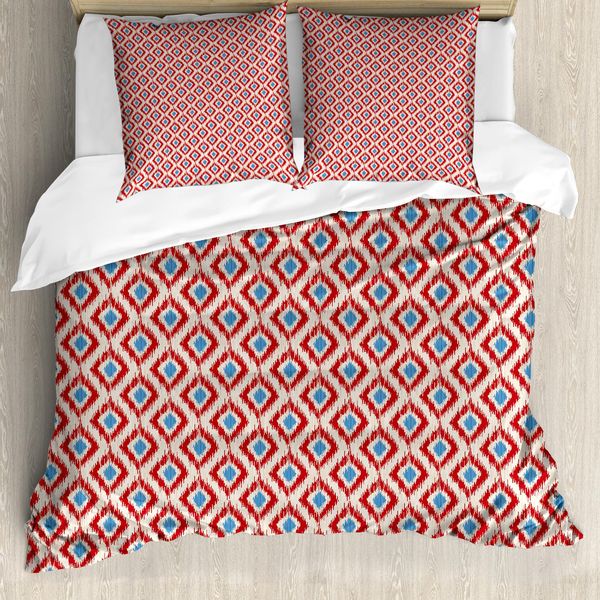 Abakuhaus Copripiumino Ikat, Linea Tradizionale A Rombi, Antiacaro E Anallergico, Con Federe, 155 Cm X 220 Cm - 80 X 80 Cm, Rosso Blu Beige-image