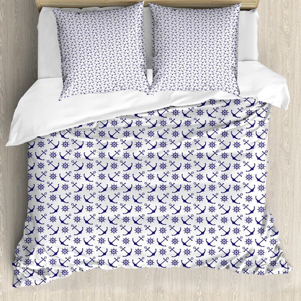 Abakuhaus Copripiumino Blu Navy, Ancore E Timoni, Antiacaro, Adatto A Chi Soffre Di Allergie, Con Federe, 155 Cm X 220 Cm - 80 X 80 Cm, Blu Scuro E Bianco-image