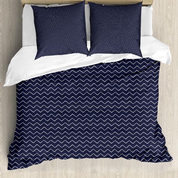Abakuhaus Copripiumino Blu Navy, Chevron Zigzag Ropes, Antiacaro E Anallergico Con Federe, 200 Cm X 200 Cm - 80 X 80 Cm, Blu Navy E Bianco-image