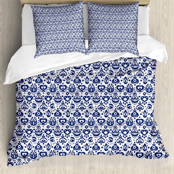 Abakuhaus Copripiumino Blu Navy, Ikat Vintage, Antiacaro, Adatto A Chi Soffre Di Allergie, Con Federe, 200 Cm X 200 Cm - 80 X 80 Cm, Blu E Bianco-image