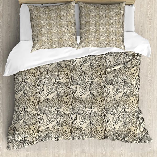 Abakuhaus Copripiumino Beige, Motivo Foglie Autunnali, Antiacaro, Adatto A Chi Soffre Di Allergie, Con Federe, 155 Cm X 220 Cm - 80 X 80 Cm, Beige Nero-image