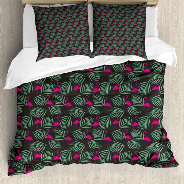 Abakuhaus Copripiumino Flamingo, Animali Dello Zoo In Rosa, Antiacaro, Adatto A Chi Soffre Di Allergie, Con Federe, 155 Cm X 220 Cm - 80 X 80 Cm, Rosa Verde Nero-image