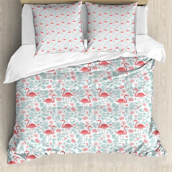 Abakuhaus Copripiumino Flamingo, Botanischer Flourish, Antiacaro, Adatto A Chi Soffre Di Allergie, Con Federe, 155 Cm X 220 Cm - 80 X 80 Cm, Seafoam Coral Bianco-image