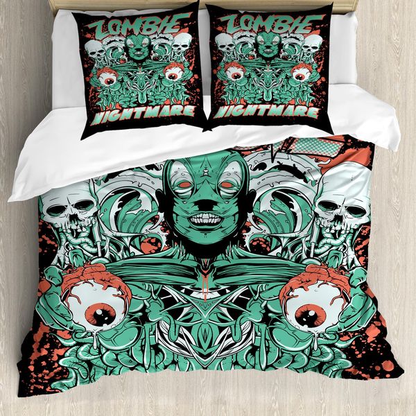 Abakuhaus Copripiumino Zombie, Teschi E Fantasmi Retrò, Antiacaro E Anallergico, Con Federe, 155 Cm X 220 Cm - 80 X 80 Cm, Verde Giada-Salmone-Nero-image