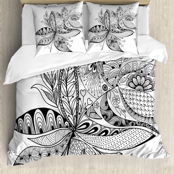 Abakuhaus Copripiumino Etnico, Motivi Floreali Orientali Elaborati, Antiacaro, Adatto A Chi Soffre Di Allergie, Con Federe, 200 Cm X 200 Cm - 80 X 80 Cm, Bianco E Nero-image