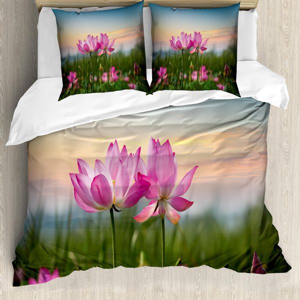 Abakuhaus Set Copripiumino Lotus Per Letti Matrimoniali, Fiori Asiatici Giardino Zen, Antiacaro Adatto A Chi Soffre Di Allergie Con Federe, Rosa Chiaro Azzurro Verde-image