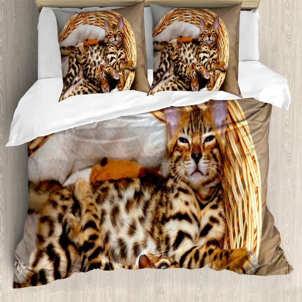 Abakuhaus Copripiumino Per Gattini, Gatti Del Bengala Nel Cestino, Antiacaro, Adatto A Chi Soffre Di Allergie, Con Federe, 200 Cm X 200 Cm - 80 X 80 Cm, Marrone Chiaro, Marrone Chiaro, Beige-image