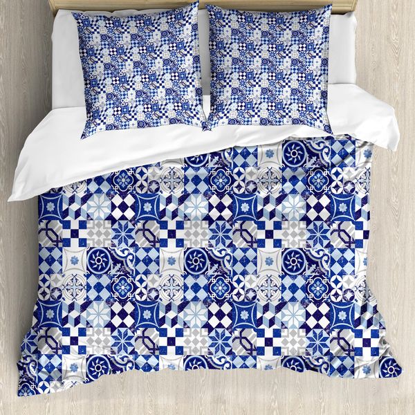 Abakuhaus Copripiumino Antico, Mosaico Tradizionale Con Motivi Vintage, Antiacaro E Anallergico, Con Federe, 200 Cm X 200 Cm - 80 X 80 Cm, Blu Navy-Blu-Bianco-image