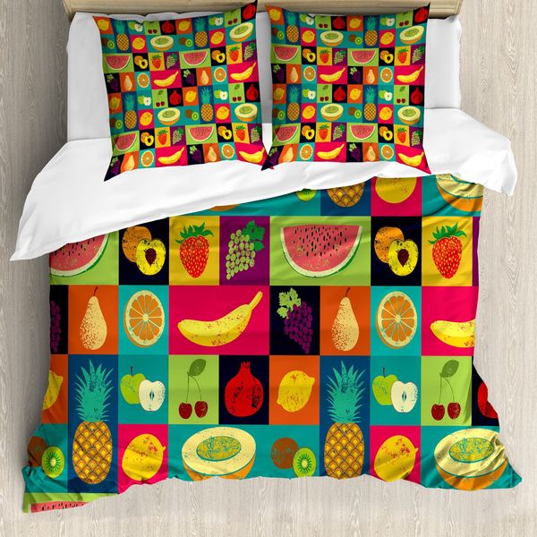 Abakuhaus Copripiumino Retrò, Pop Art Grunge Frutta, Antiacaro, Adatto A Chi Soffre Di Allergie, Con Federe, 200 Cm X 200 Cm - 80 X 80 Cm, Multicolore-image
