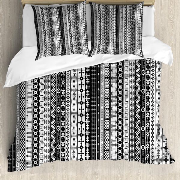 Abakuhaus Copripiumino Primitive, Motivo Tribale, Antiacaro, Adatto A Chi Soffre Di Allergie, Con Federe, 200 Cm X 200 Cm - 80 X 80 Cm, Bianco E Nero-image